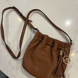 Michael Kors Tan Pebbled Leather Drawstring Crossbody with Tassel